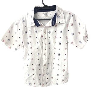 Penguin Boy's White Polo with Red & Blue Penguins - Size 7
